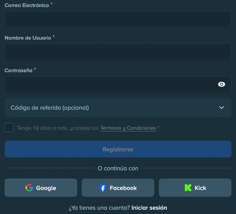 Formulario de registro e inicio de sesión en Stake Casino